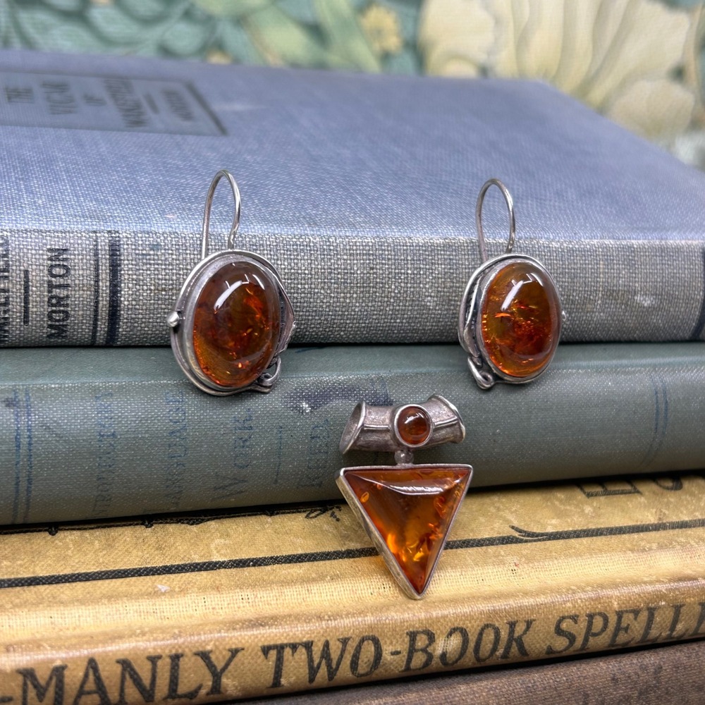 Vintage Sterling Silver Baltic Amber Earring Pendant Set Boho Earthy 925 Gift